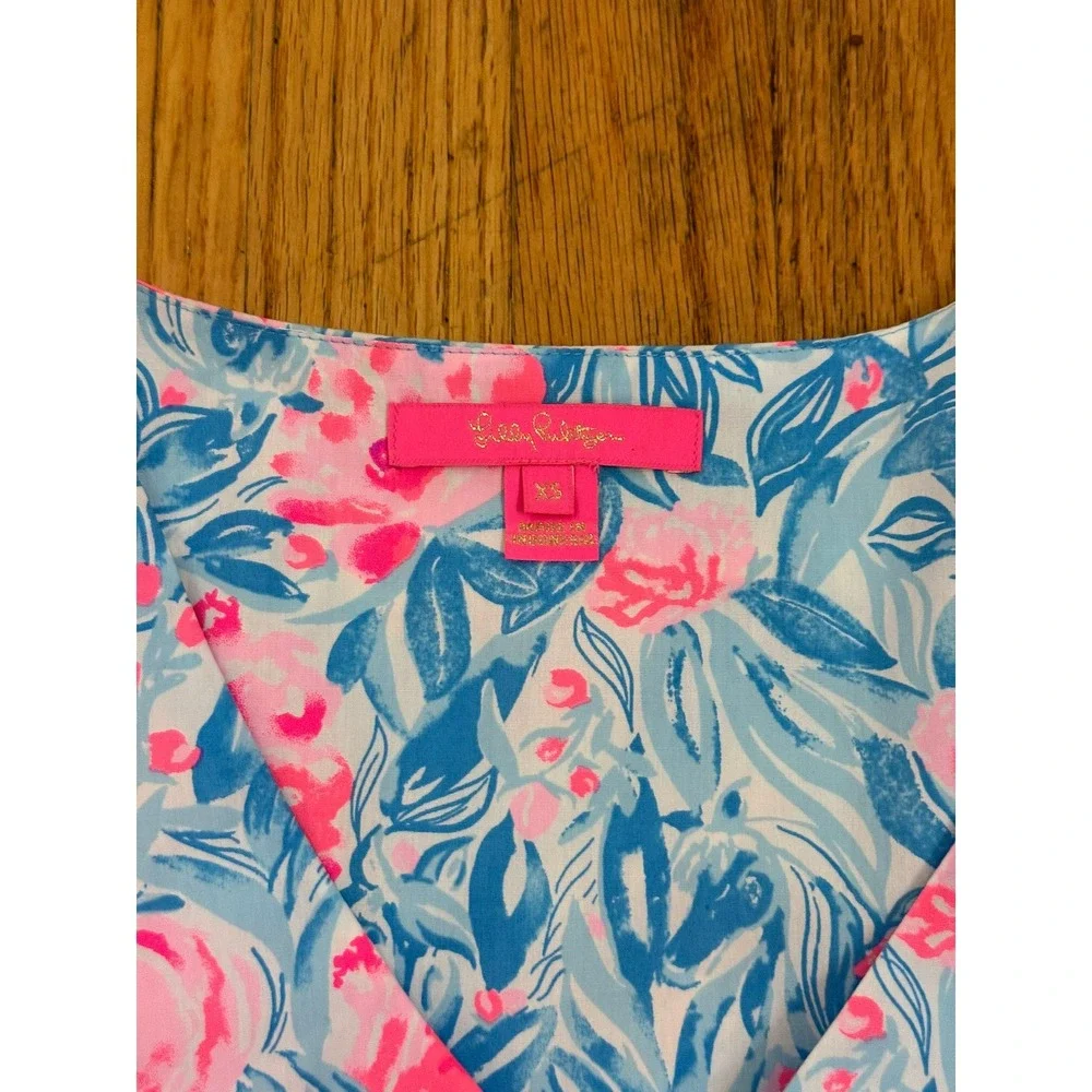 Lilly Pulitzer Ivee Top XS Bondi Blue My Little Peony Cotton Puff Sleeve V-Neck
